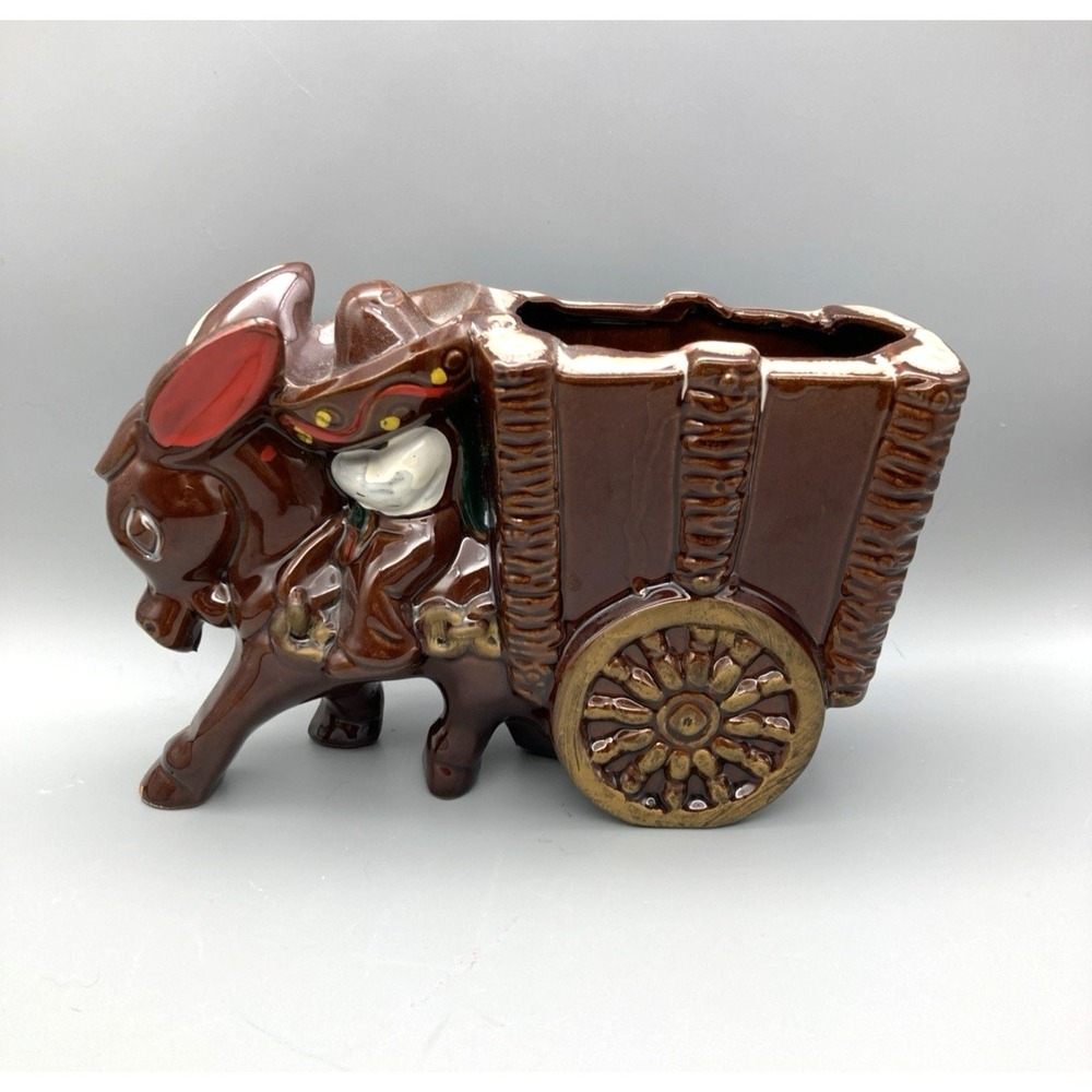 Vintage Hand Painted Ceramic Planter Donkey Pulling Cart   Japan Mexican Siesta